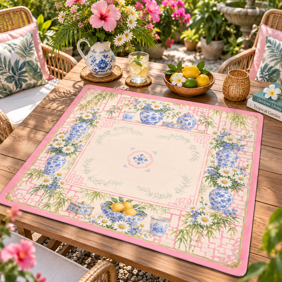 Pink Chinoiserie Daisy Mahjong Mat, American Mahjong Mat, Blue White Porcelain Bamboo Garden, Grandmillennial Mahjong Gift