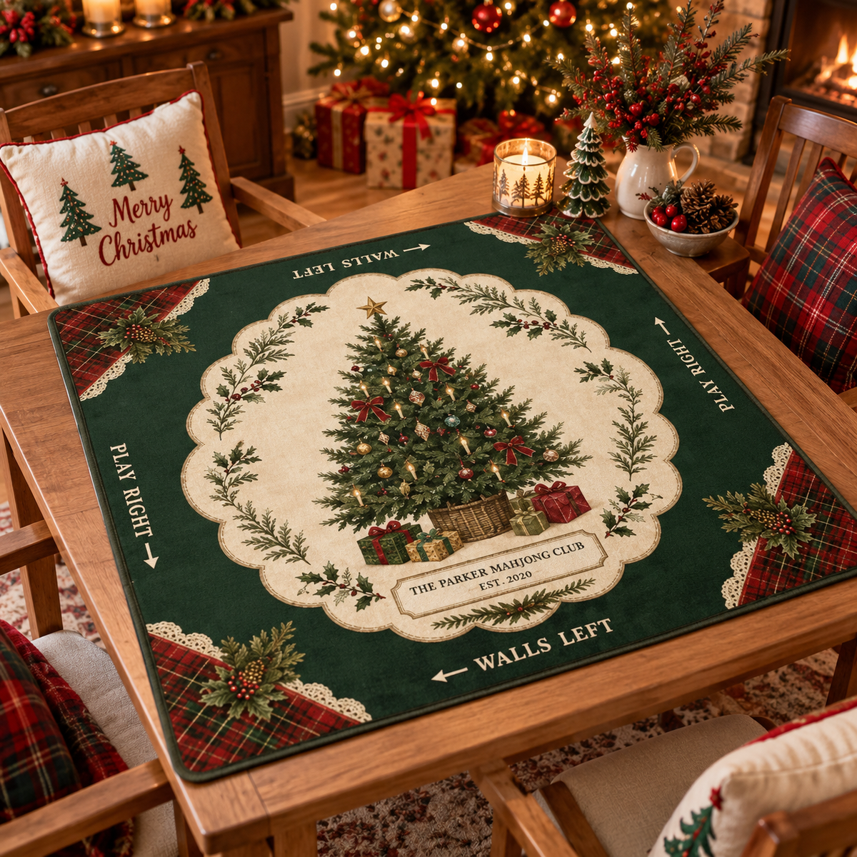 Personalized Christmas Mahjong Mat Custom Club Name Table Cover, Vintage Christmas Tree American Mahjong Playmat
