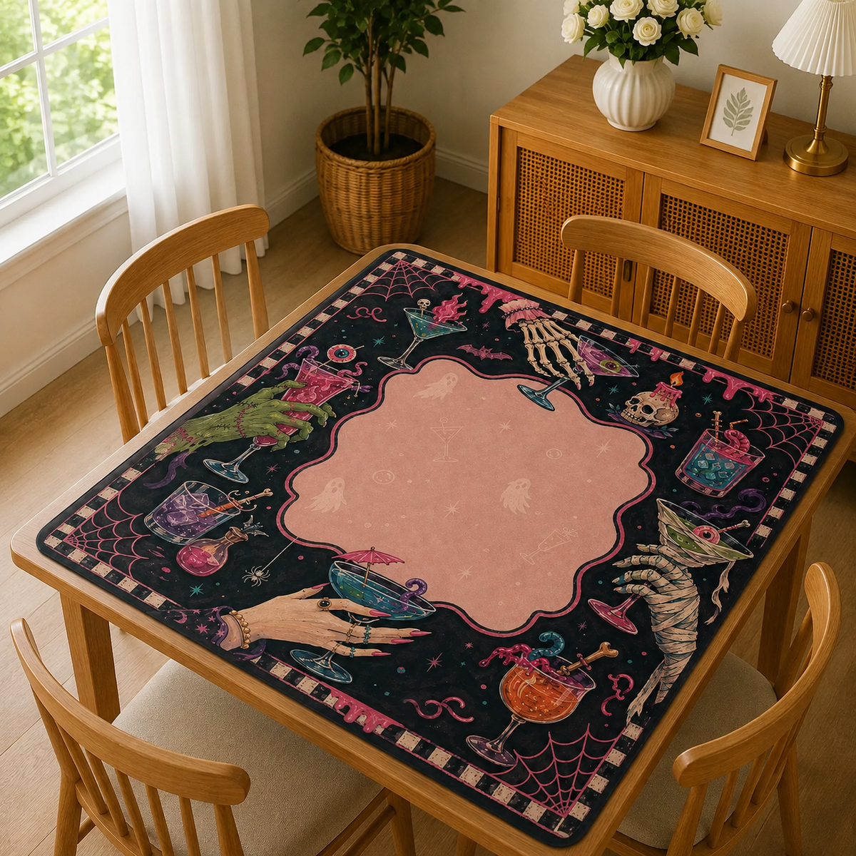 Halloween Mahjong Mat, Spooky Cocktail Mahjong Mat, Pink Black Gothic Game Mat, Witchy American Mahjong Mat