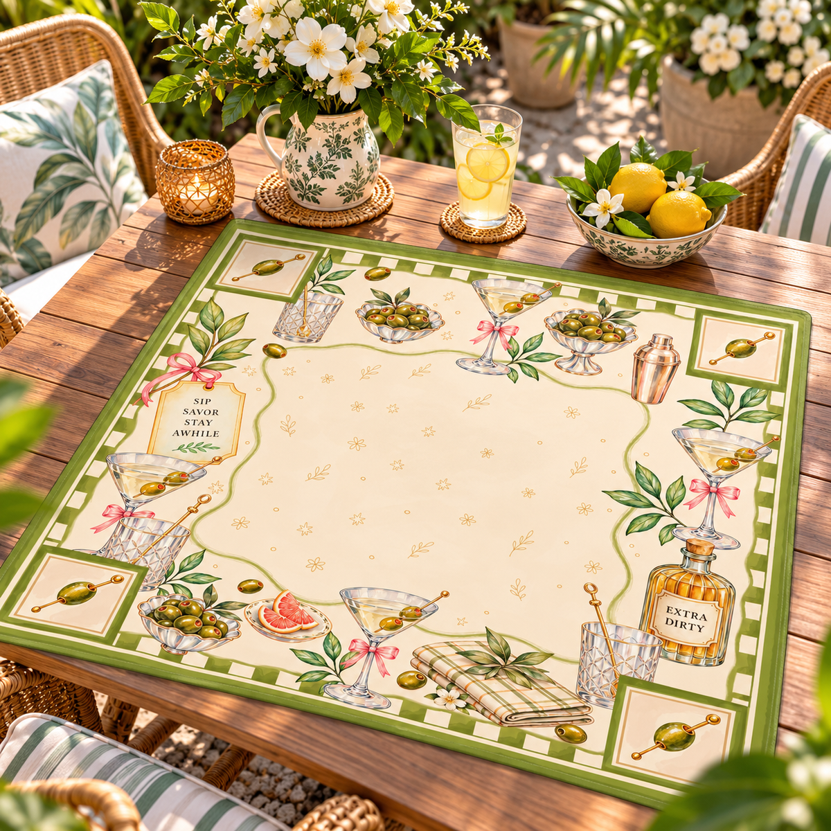Extra Dirty Martini Mahjong Mat, Non Slip American Mahjong Table Cover, Olive Cocktail Preppy Happy Hour Game Night Gift