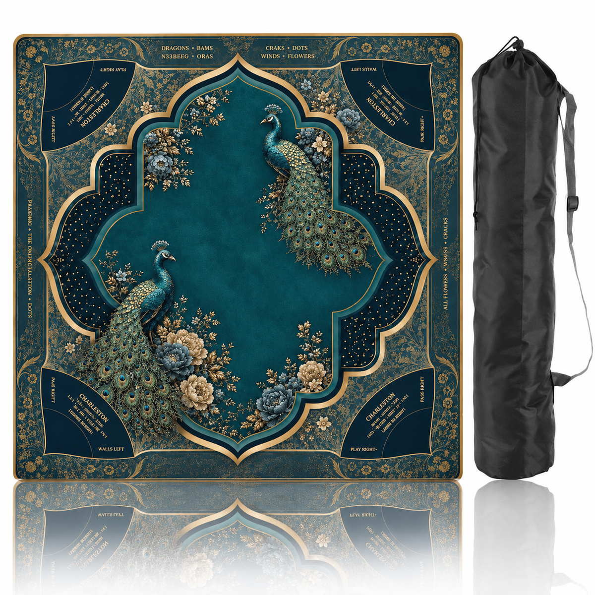 Elegant Peacock Mahjong Mat with Charleston Rules, Blue & Gold Floral Design, America Mahjong Decor, Non-Slip Table Cover