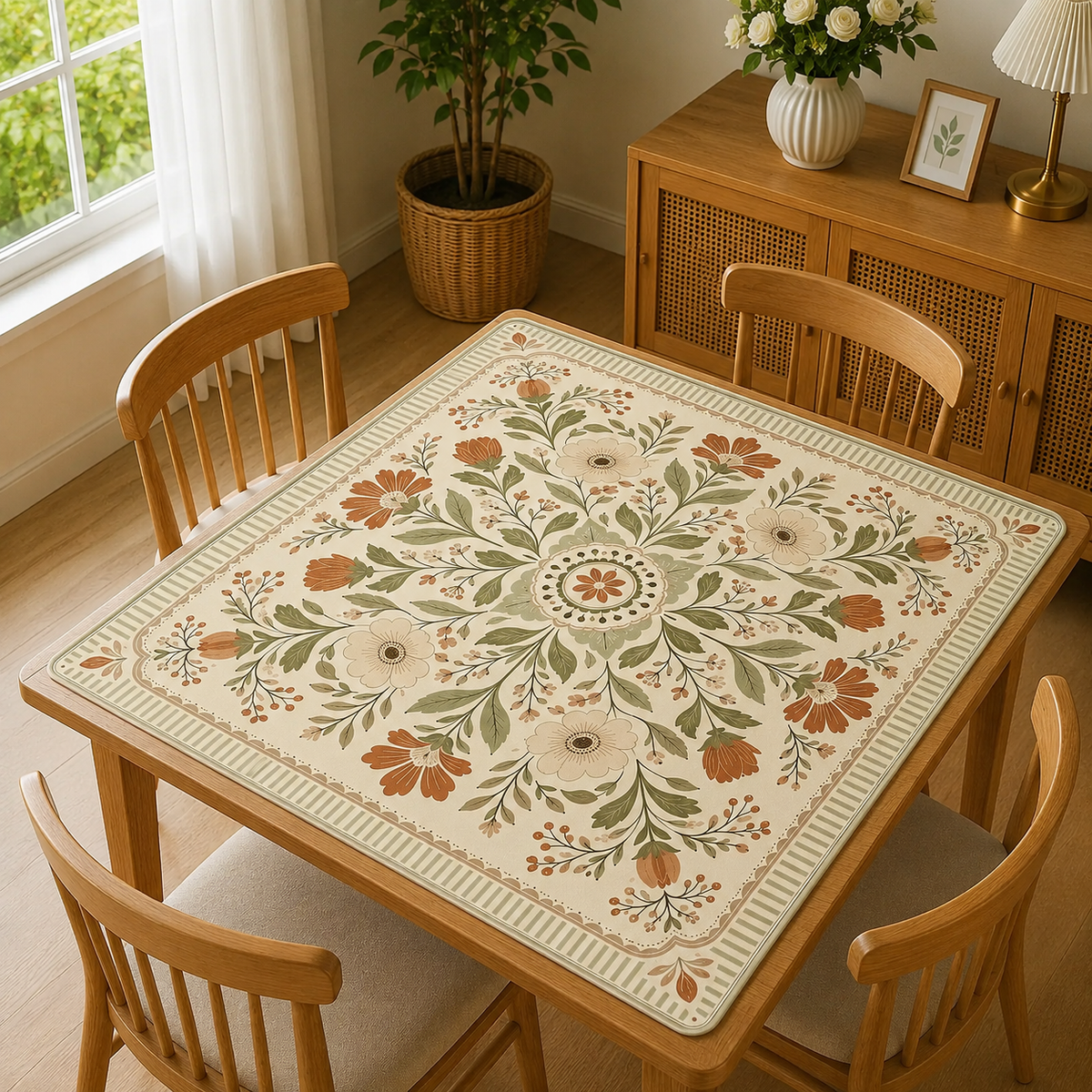 Vintage Floral Mahjong Mat, Sage Green & Terracotta Botanical Table Mat, Non-Slip American Mahjong Game Mat
