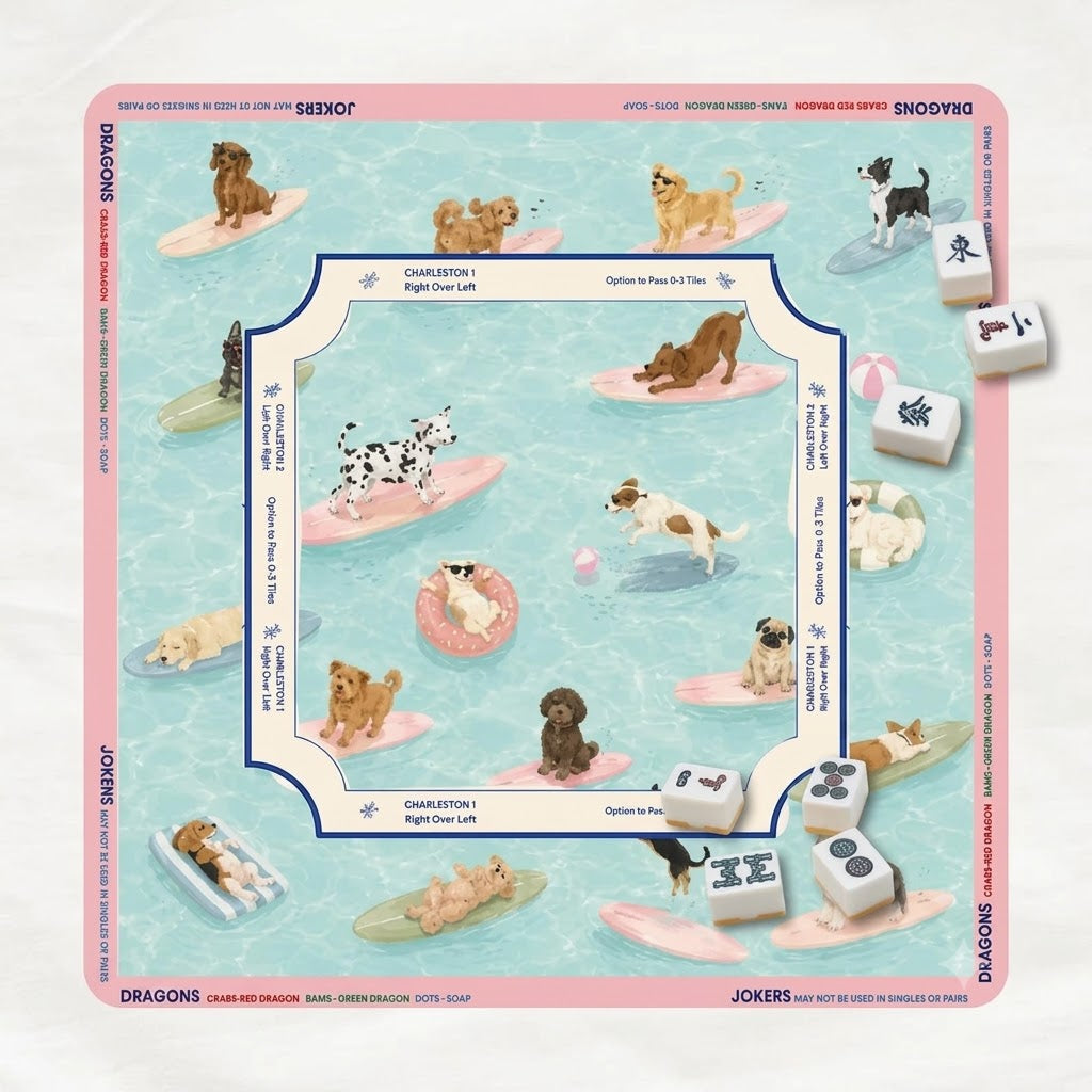 Mahjong Mat Fun Dog Surfing Design, Unique Mahjong Playing Surface, Game Night Accessories