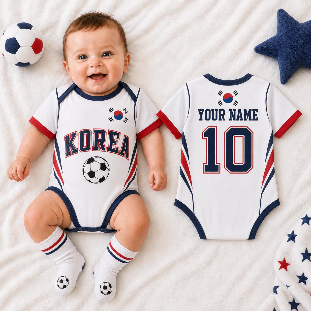 Personalized South Korea Baby Bodysuit, South Korea Soccer Romper, Custom Name Number Infant Outfit,