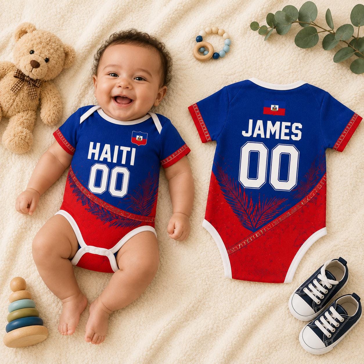Personalized Haiti Baby Bodysuit, Haiti Soccer Romper, Custom Name Number Outfit, Baby Shower Gift