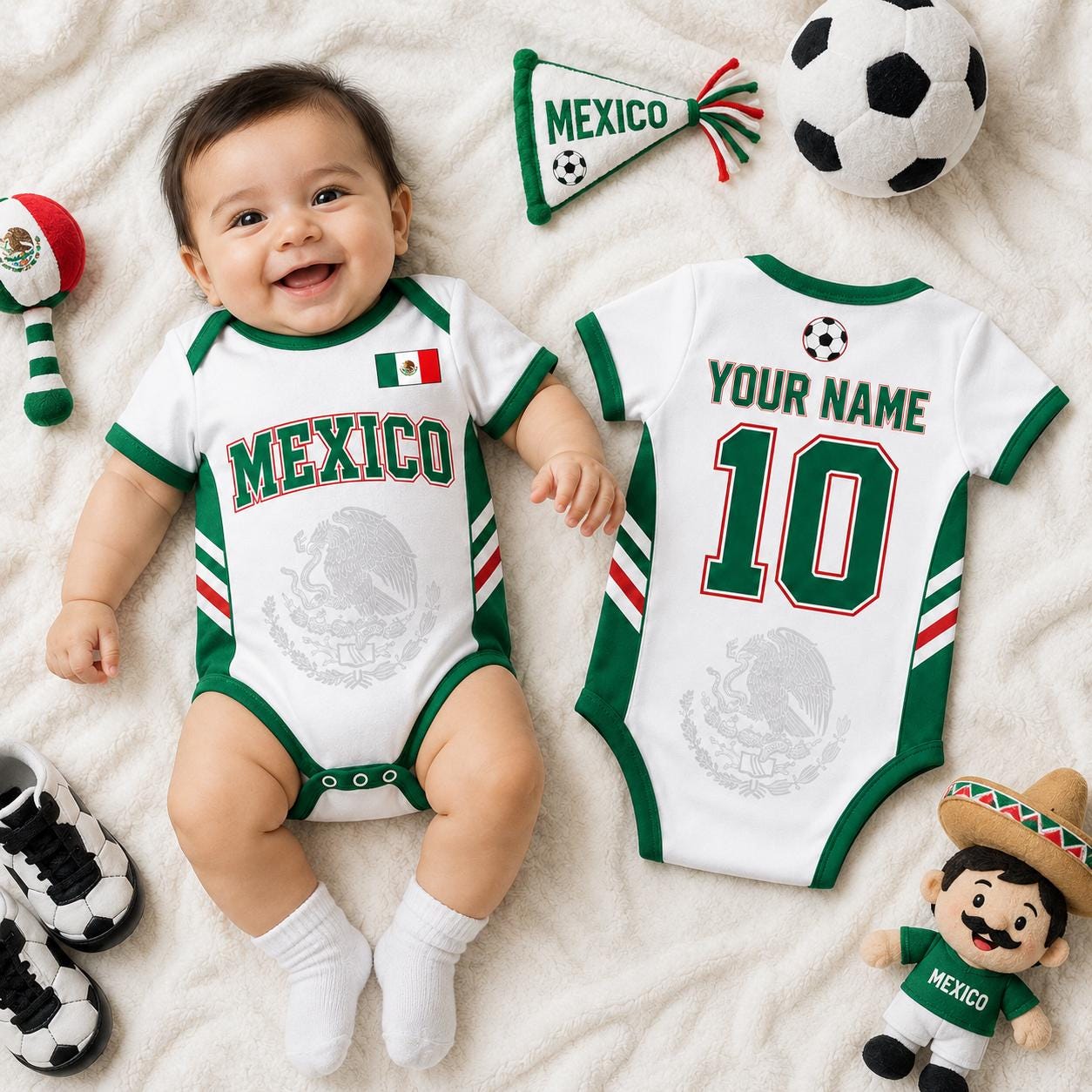 Custom Mexico Soccer Baby Bodysuit, Personalized Football Outfit, Baby Shower Gift