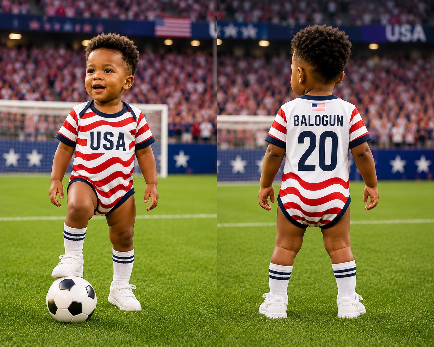 Personalized USA Baby Bodysuit, Custom Name Soccer Baby Outfit, USA Football Fan Gift, American Jersey Onesie