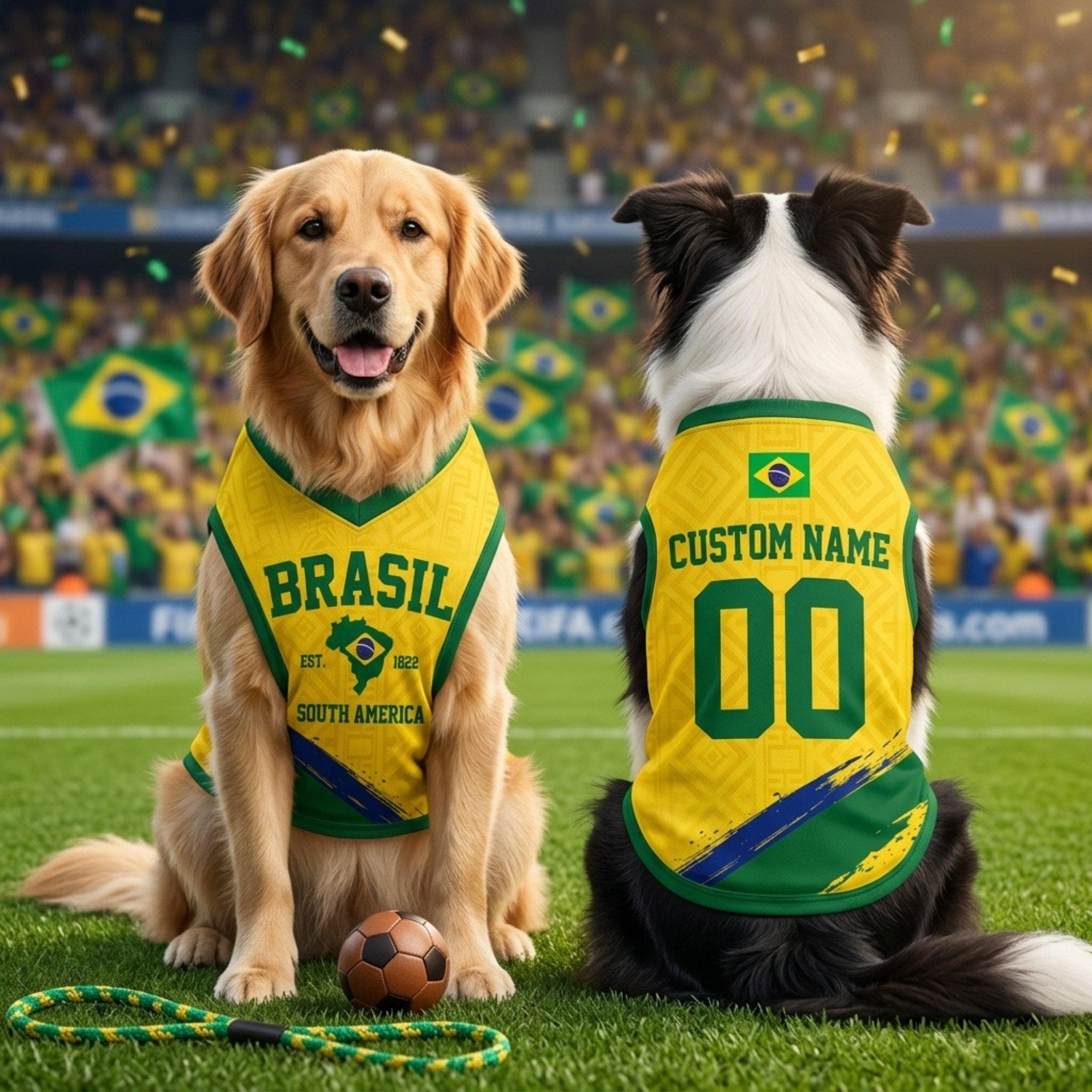 Personalized Brazil Dog Jersey, Custom Cat Football Shirt Name Number, Yellow Green Mesh Pet Soccer