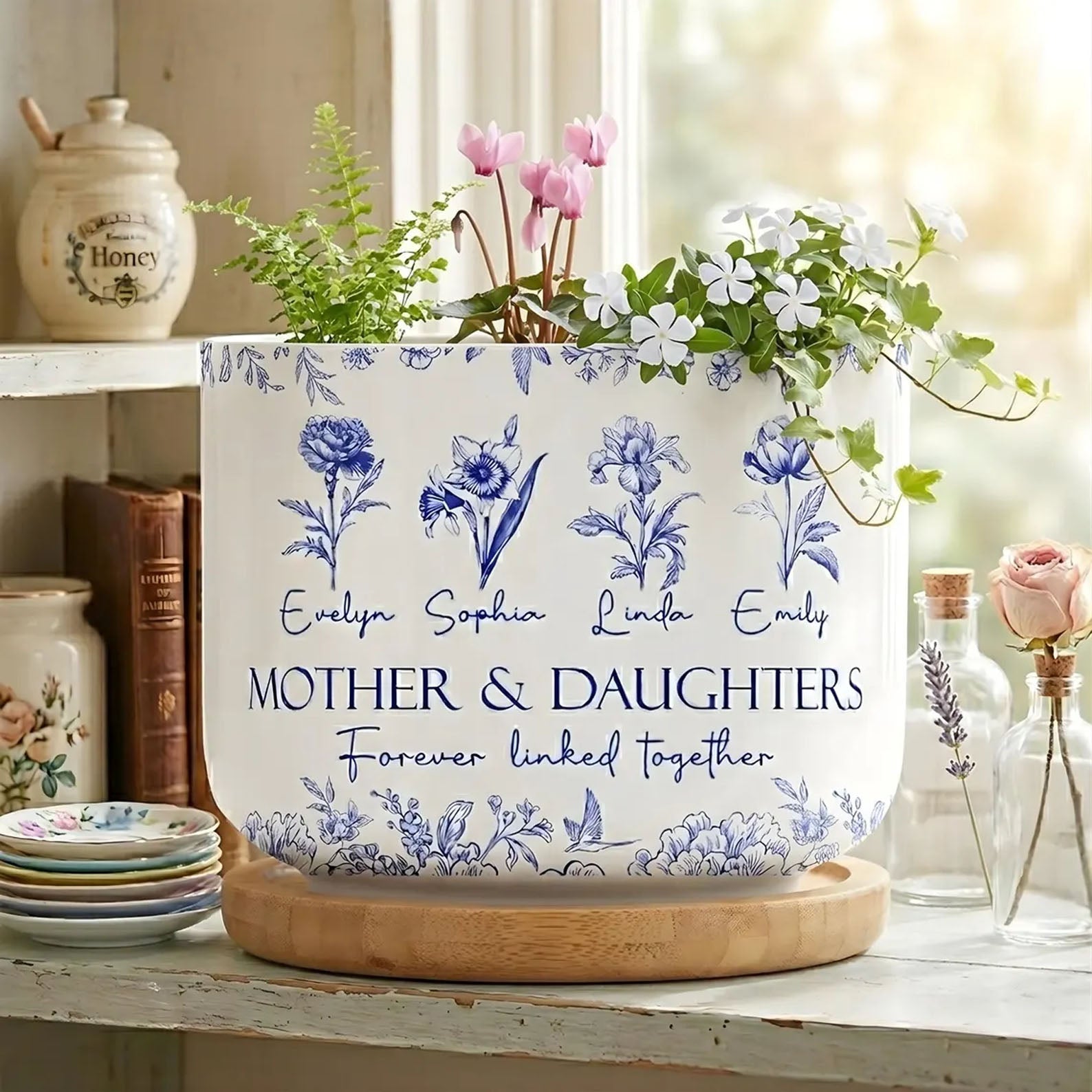 Personalized Mother & Daughters Plant Pot, Forever Linked Together Birth Month Flower Pot