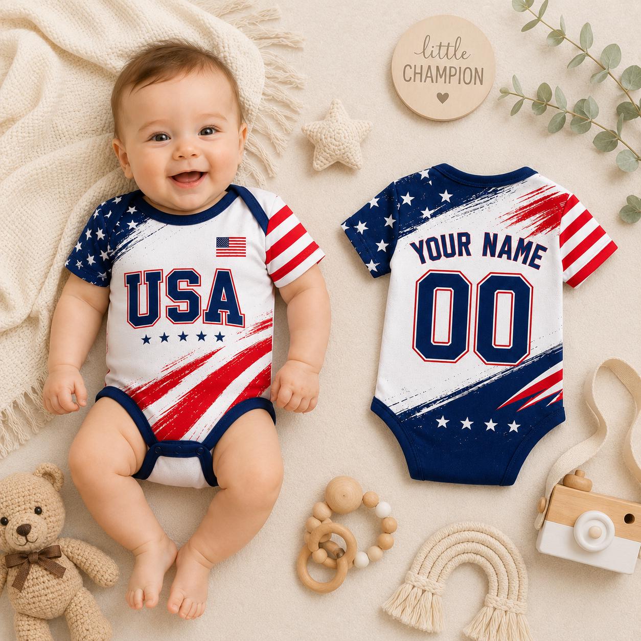 USA Baby Bodysuit | Custom Name Soccer Jersey | Patriotic Infant Outfit | Boys & Girls Football Gift