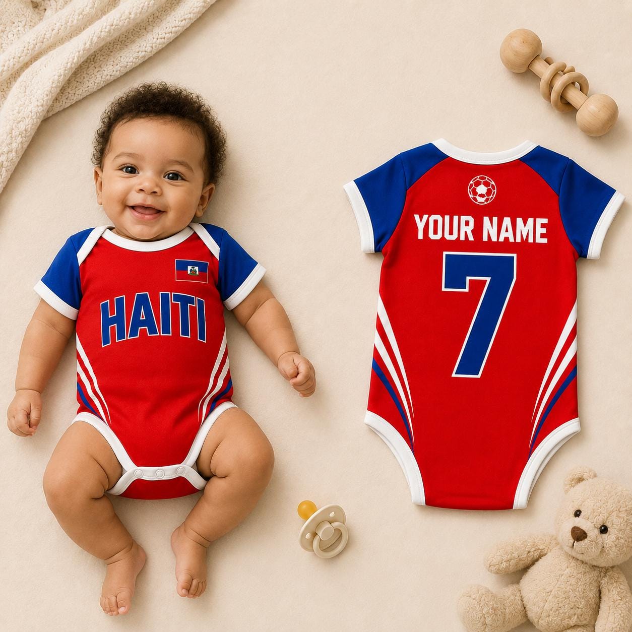 Haiti Baby Soccer Bodysuit, Personalized Haiti Football Jersey, Custom Name Number Outfit, Baby Shower Gift