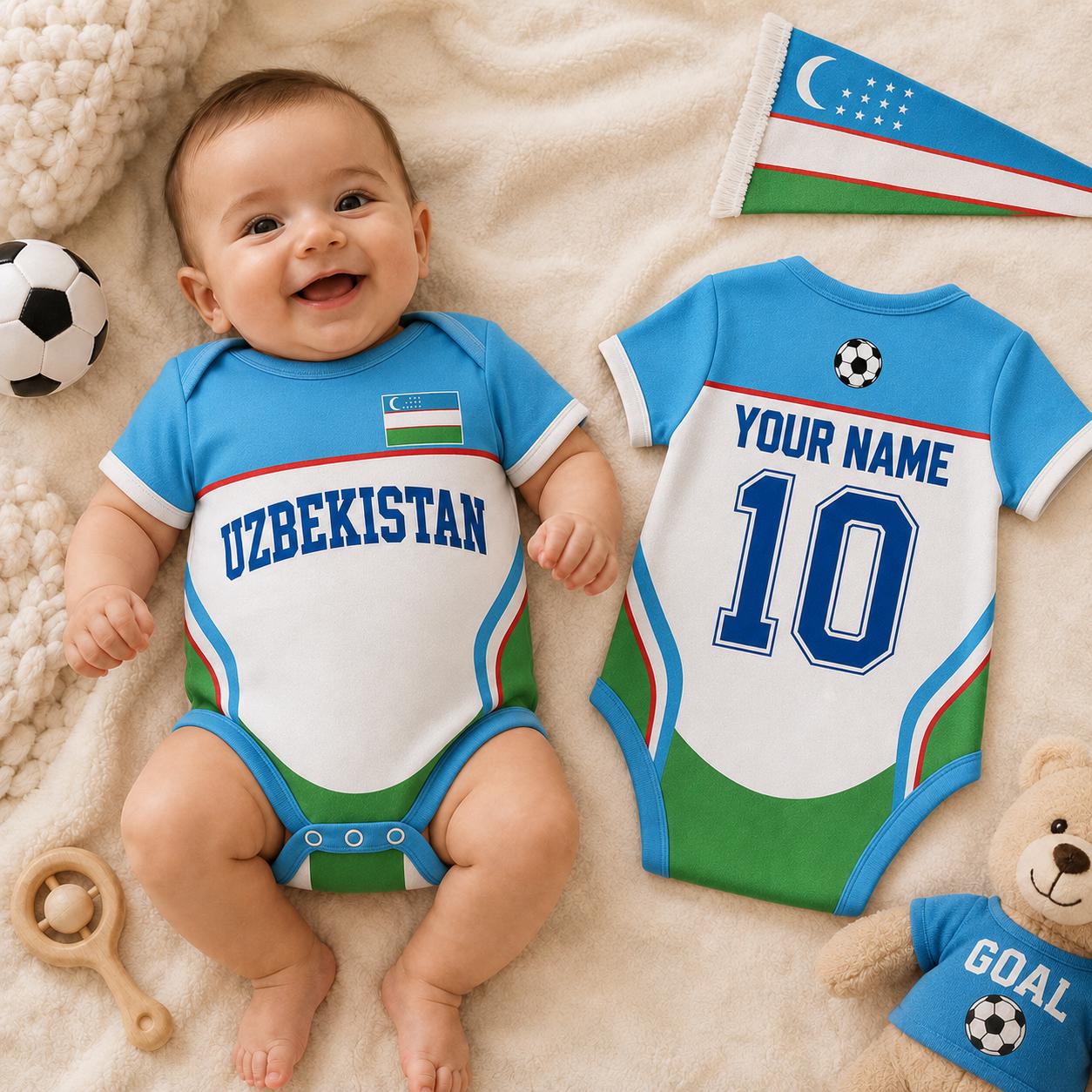 Personalized Uzbekistan Baby Bodysuit, Uzbekistan Soccer Romper, Custom Baby Gift, Baby Shower Gift