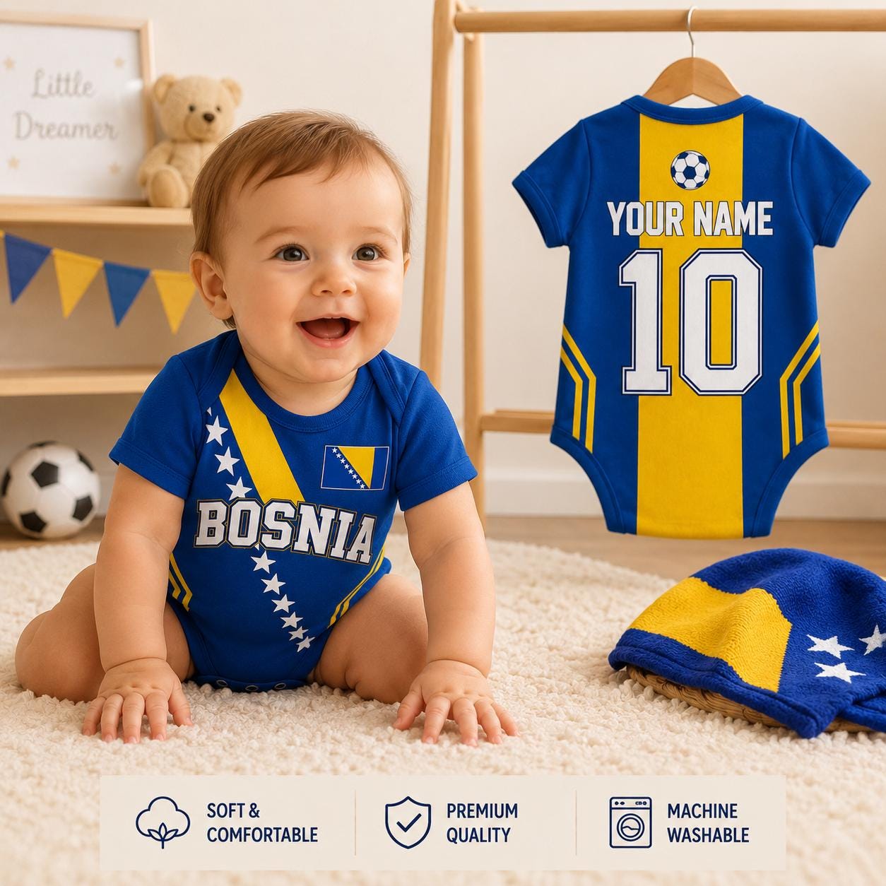 Personalized Bosnia Baby Bodysuit, Bosnia Soccer Romper, Custom Name Number Outfit, Baby Shower Gift