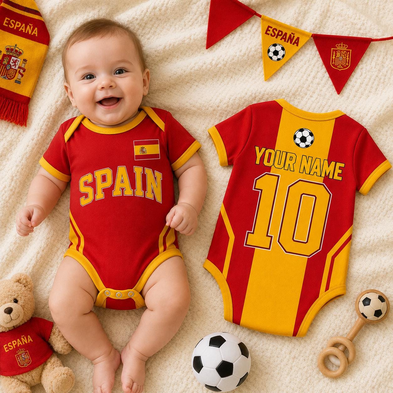 Custom Spain Soccer Baby Onesie, Personalized Spain Football Baby Bodysuit, Newborn Sport Gift
