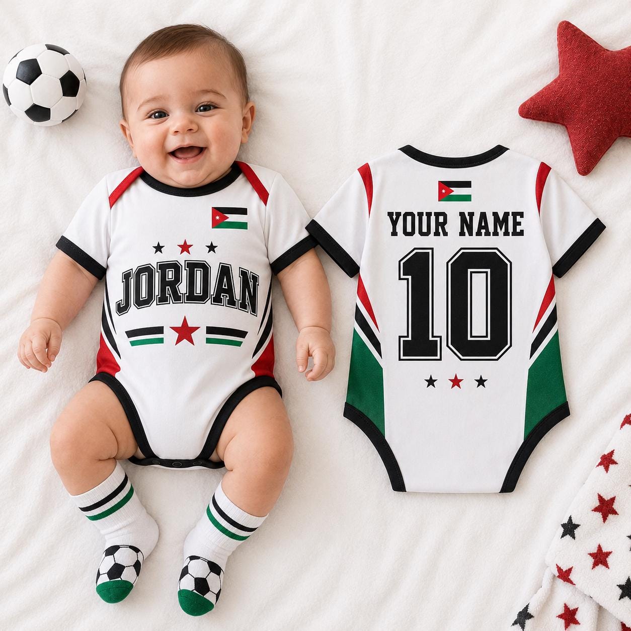 Personalized Jordan Baby Bodysuit, Jordan Soccer Romper, Custom Name Number Infant Outfit