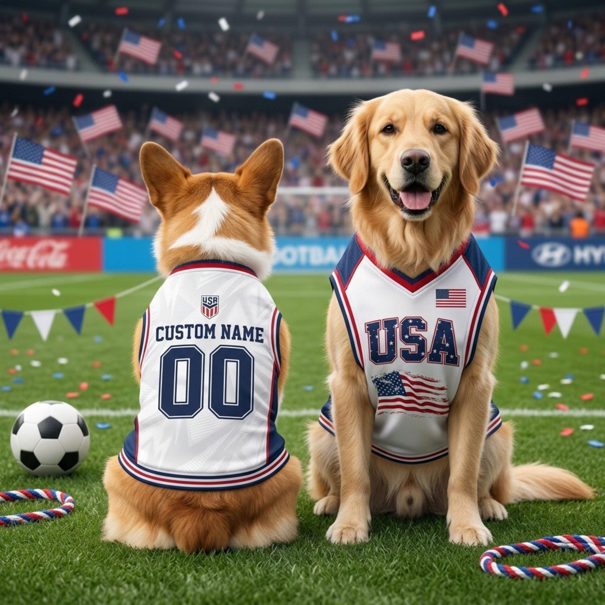 Personalized USA Pet Soccer Jersey, Custom Dog Cat Football Shirt, Stars Stripes Pet Jersey