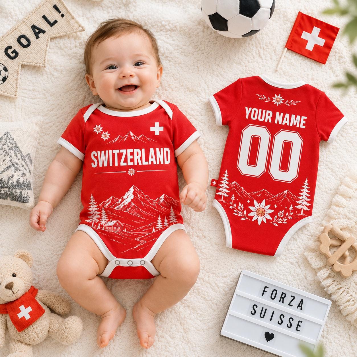 Switzerland Baby Soccer Bodysuit, Personalized Football Jersey, Custom Baby Gift, Baby Shower Gift