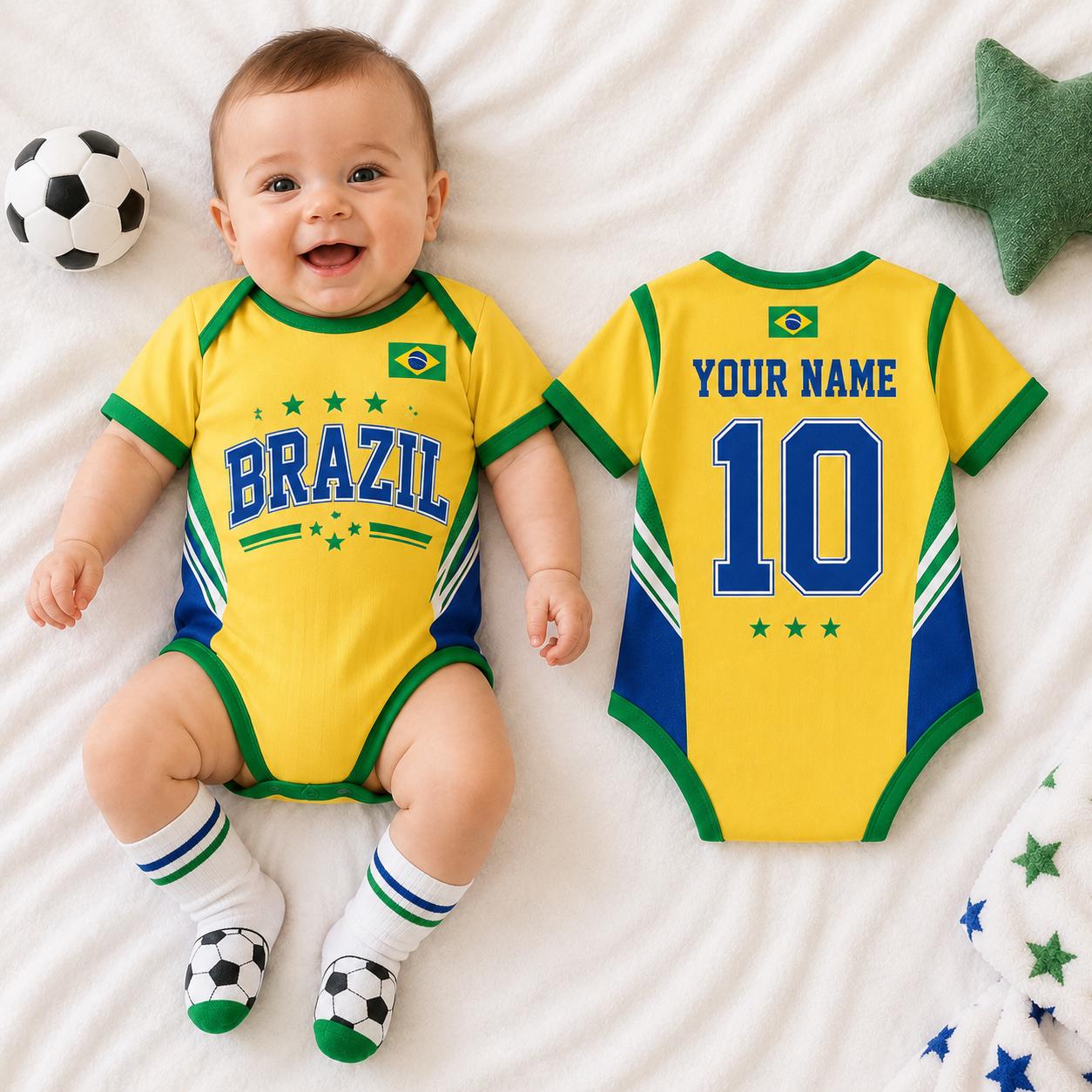 Personalized Brazil Baby Bodysuit, Brazil Soccer Romper, Custom Infant Outfit, Baby Shower Gift