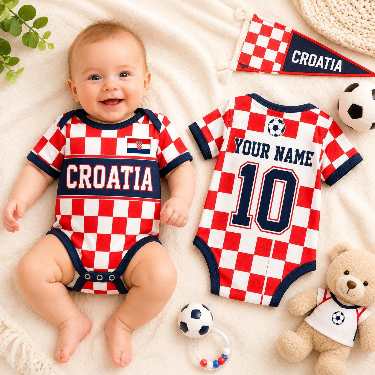 Custom Croatia Soccer Baby Onesie, Personalized Croatia Football Baby Bodysuit, Newborn Sport Gift