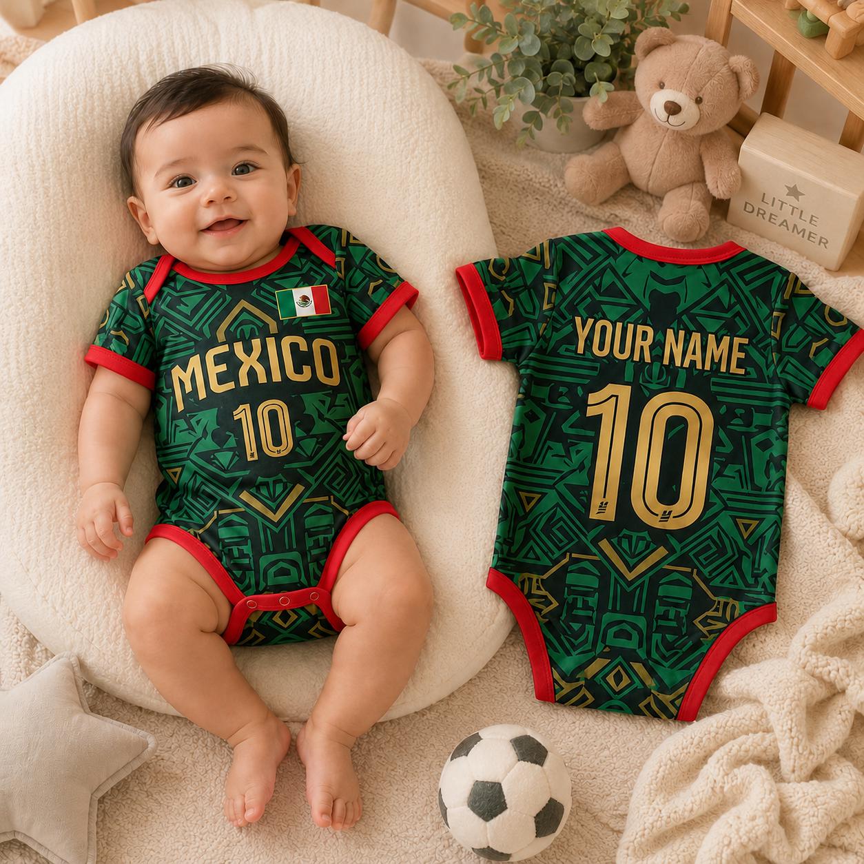 Personalized Mexico Baby Bodysuit, Mexico Soccer Romper, Custom Name Number Outfit, Baby Shower Gift