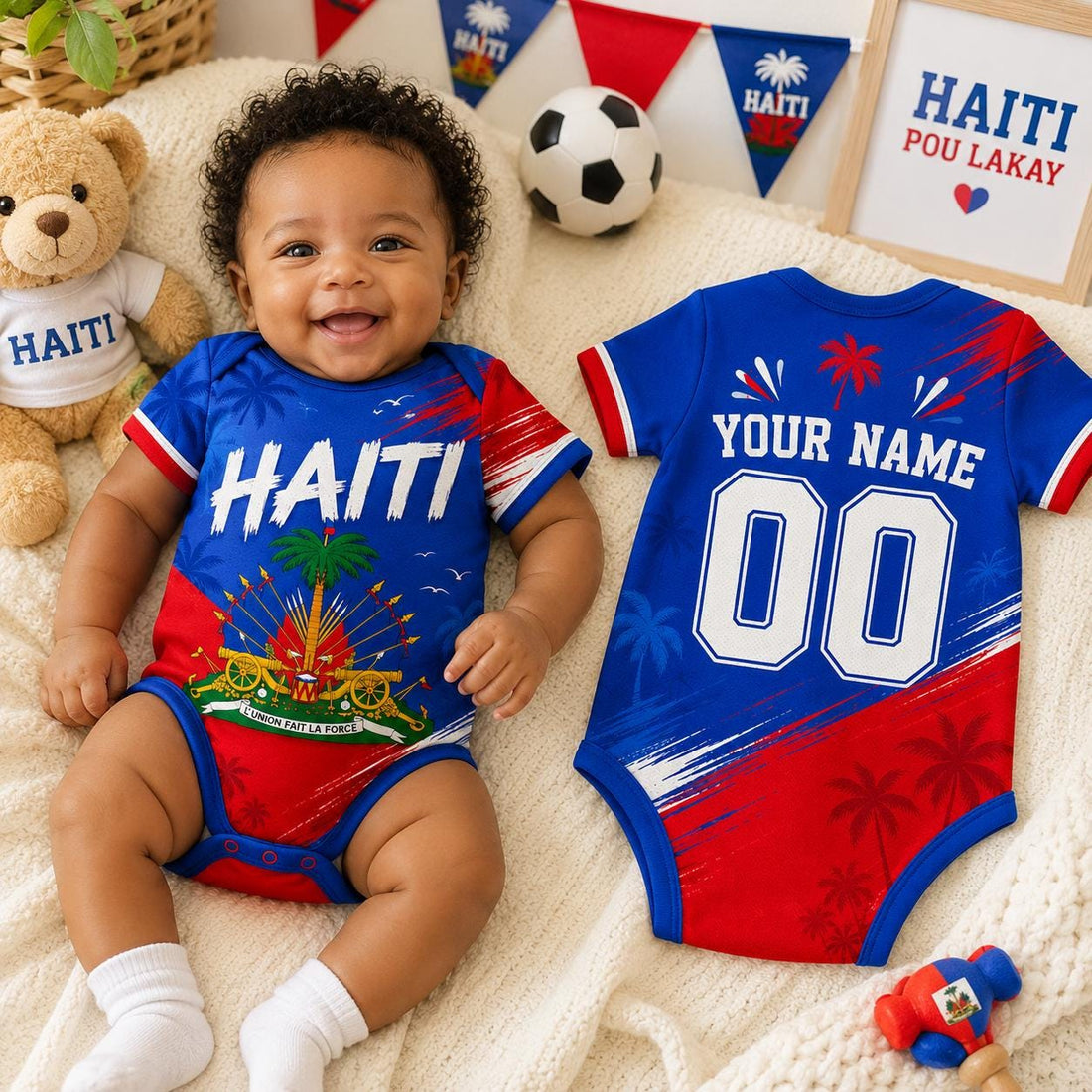 Personalized Haiti Baby Soccer Bodysuit, Custom Name Number Haiti Fan Baby Outfit, Haiti Jersey Romper Gift