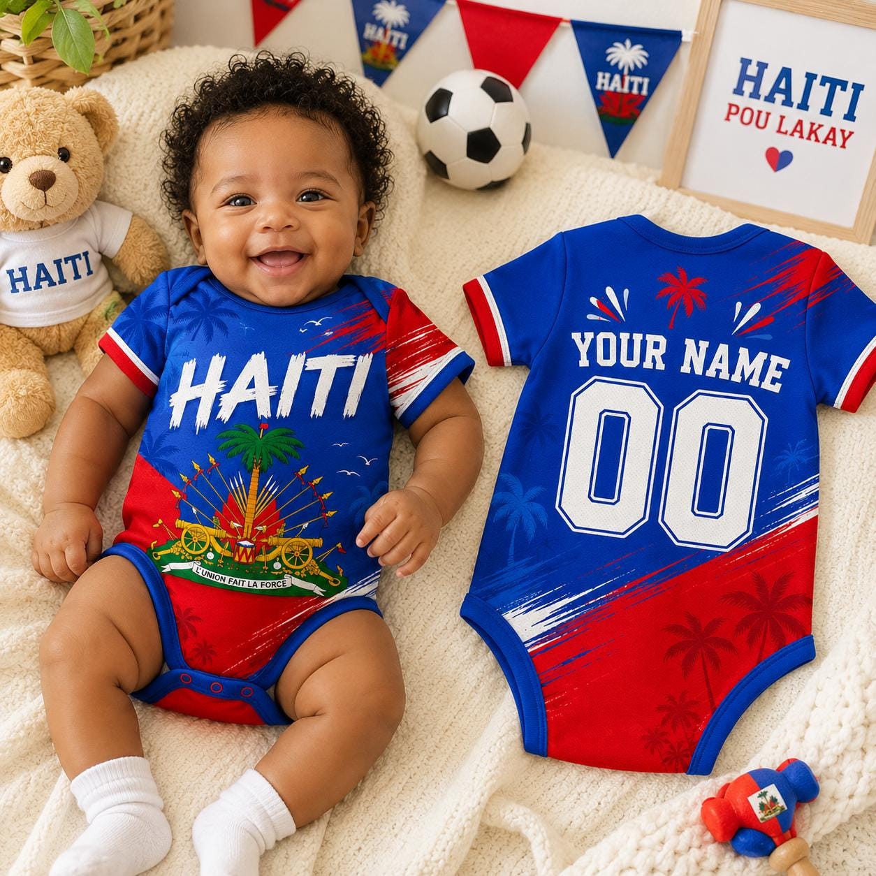 Personalized Haiti Baby Soccer Bodysuit, Custom Name Number Haiti Fan Baby Outfit, Haiti Jersey Romper Gift
