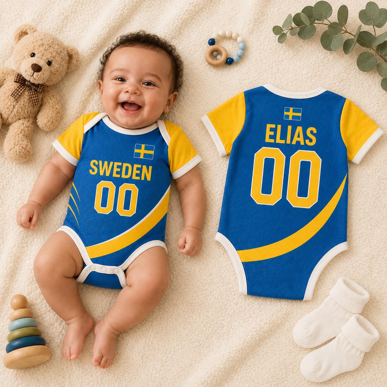 Personalized Sweden Baby Bodysuit, Sweden Soccer Romper, Custom Name Number Outfit, Baby Shower Gift