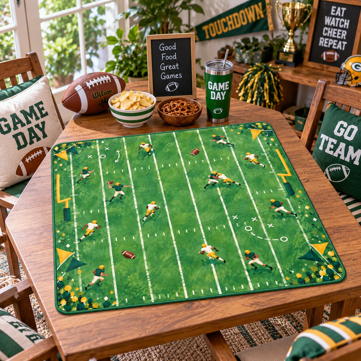 Gridiron Glory Football Mahjong Mat, Green Gold Game Day Mat, Sports Fan American Mahjong Table Cover