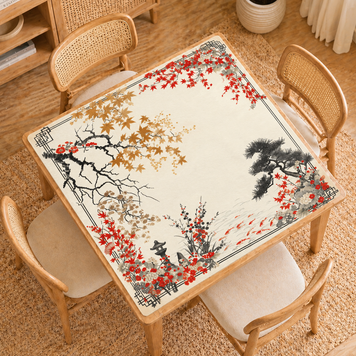 Mahjong Mat, Japanese Maple Koi Mah Jongg Table Topper, Non-Slip Game Mat, Autumn Garden