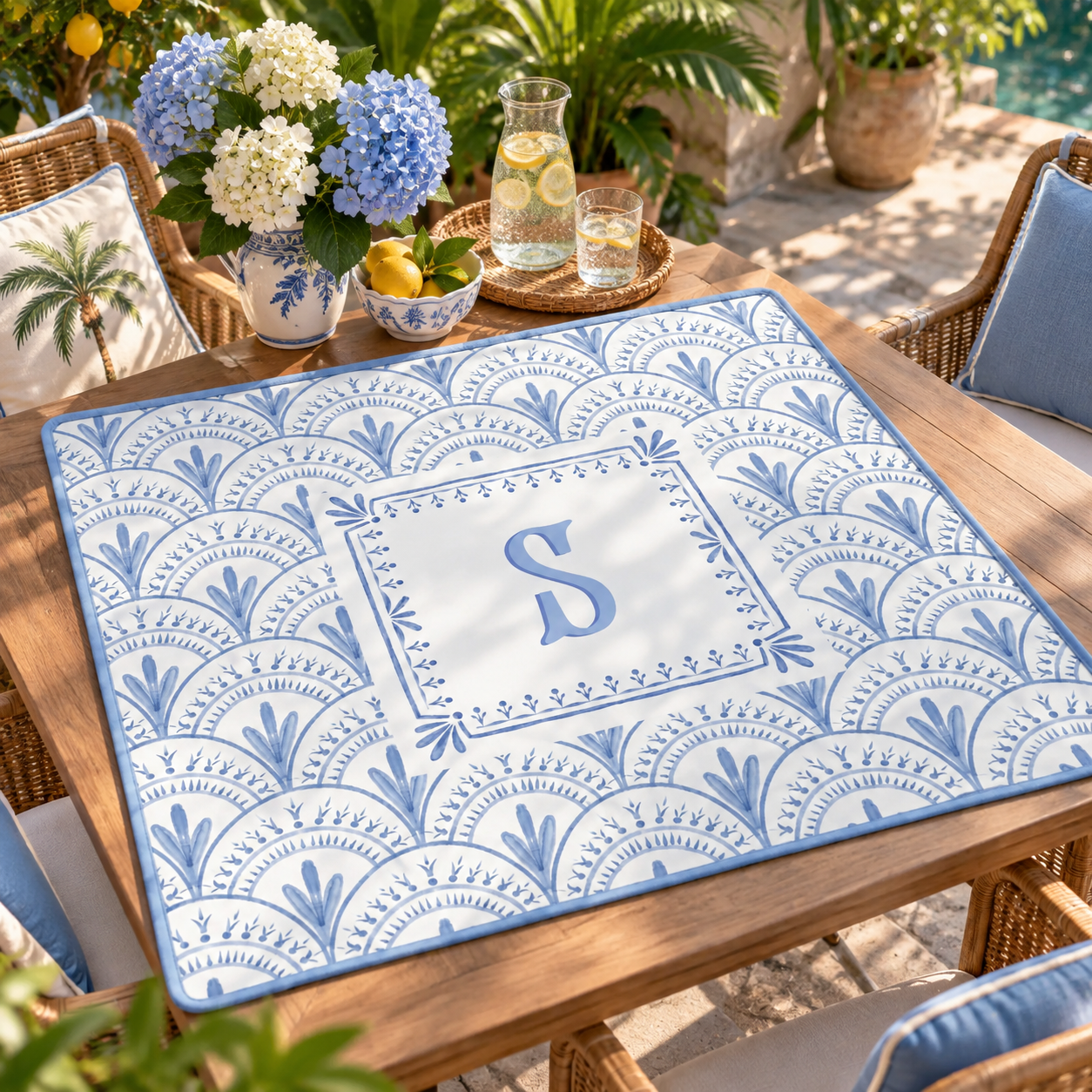 Personalized Mahjong Mat, Custom Monogram Mahjong Playing Mat, Blue Chinoiserie Mahjong Mat, Game Mat Gift