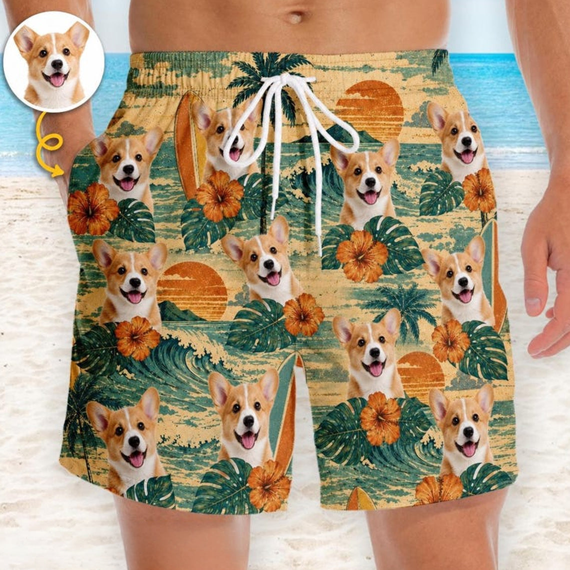 Custom Pet Face Swim Trunks, Personalized Dog Photo Hawaiian Beach Shorts, Funny Men’s Vacation Gift