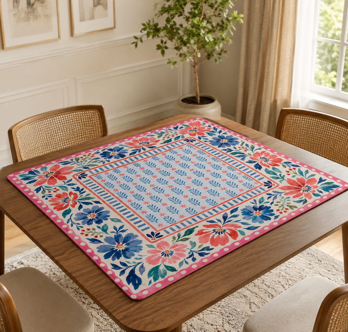 Pink Floral Mahjong Mat, American Mahjong Mat, Blue Botanical Stripe, Preppy Grandmillennial Mahjong Gift