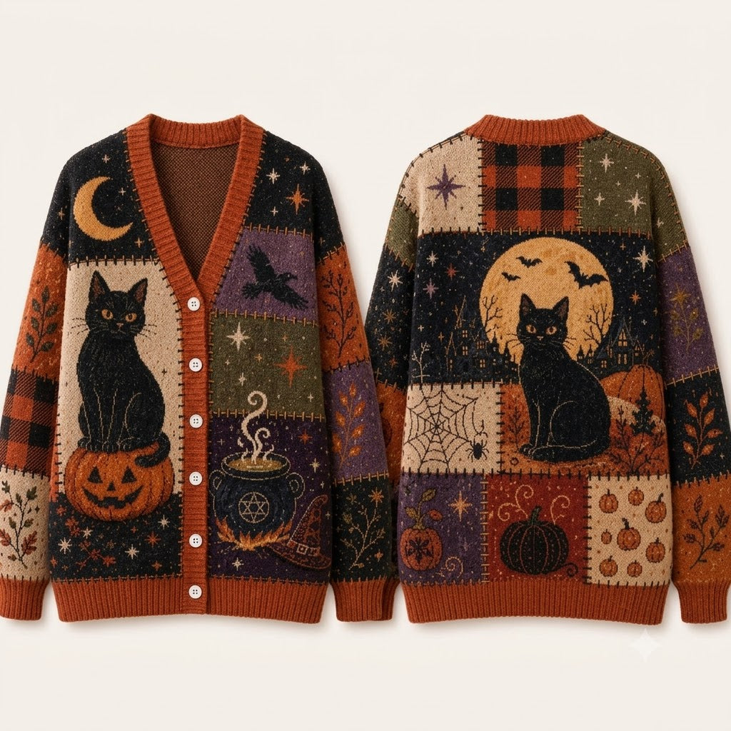 Halloween Patchwork Cardigan for Women, Black Cat Pumpkin Sweater, Witchy Moon Cardigan, Spooky Season Gift