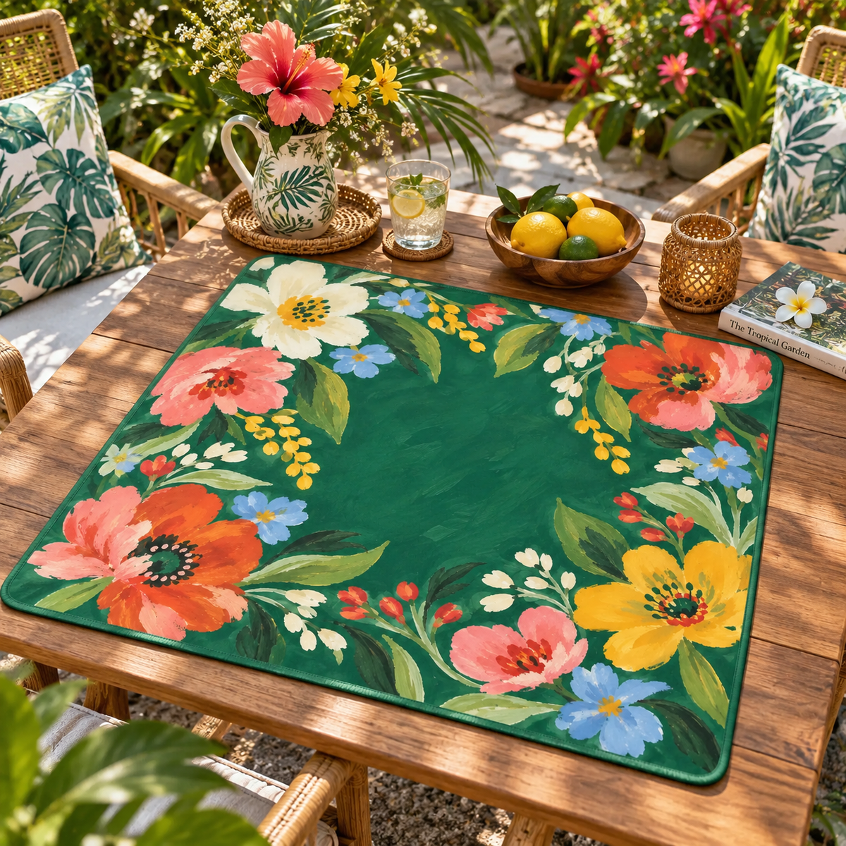 Emerald Poppy Mahjong Mat, Coral Floral Garden Forget Me Not Folk Art Playmat, American Mahjong Table Cover