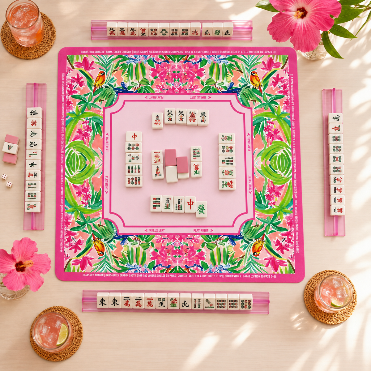 Pink Tropical Mahjong Mat American Mahjong Table Mat Palm Leaf Bird Game Mat Floral Game Night Hostess Gift