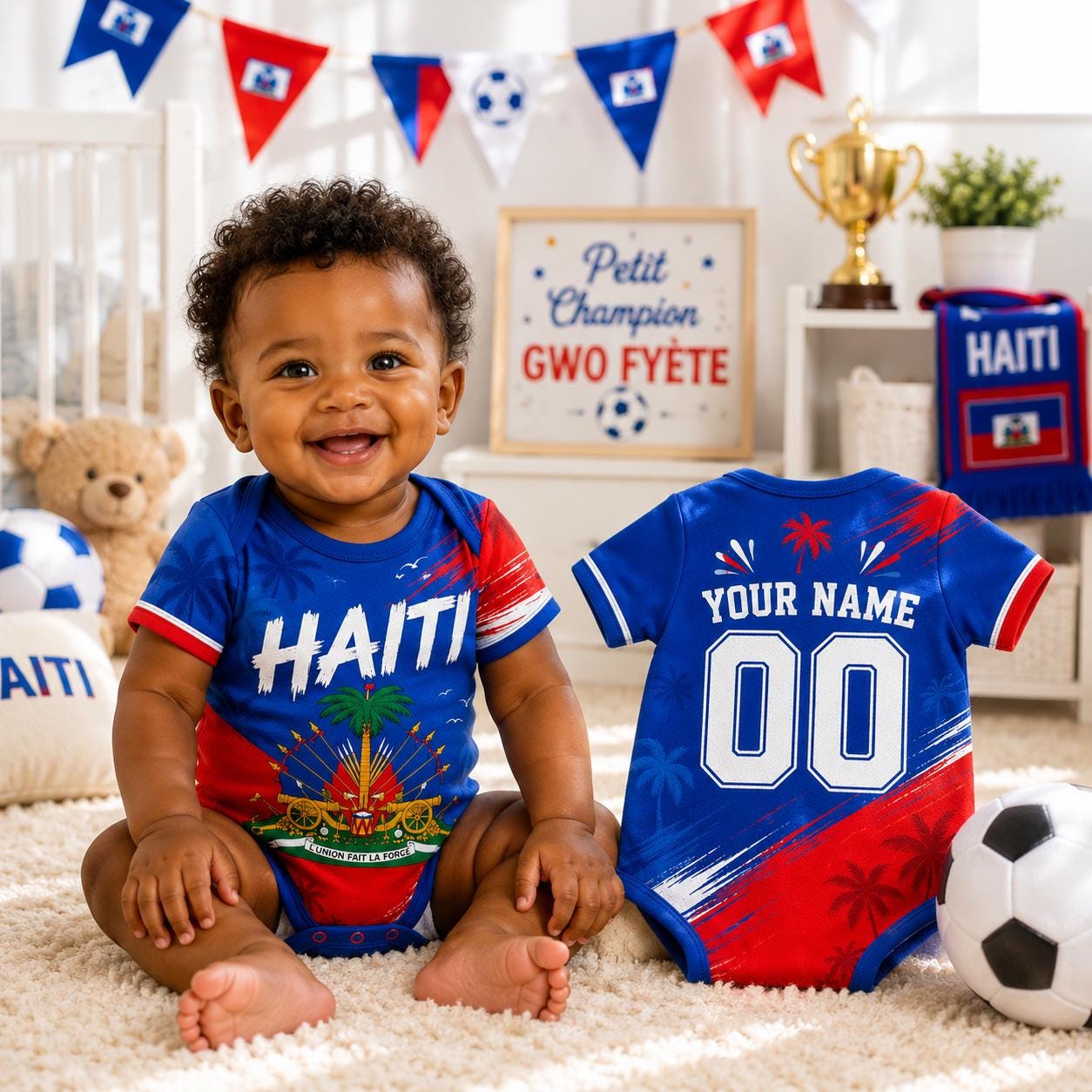 Personalized Haiti Baby Soccer Bodysuit, Custom Name Number Haiti Fan Baby Outfit, Haiti Jersey Romper Gift