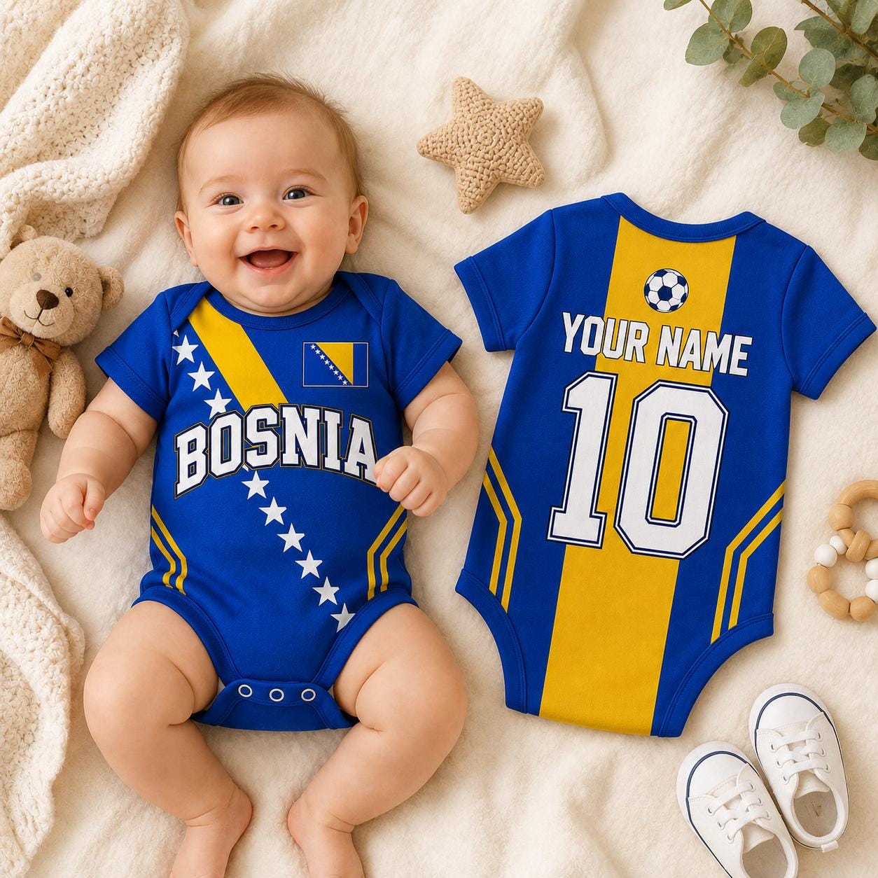 Personalized Bosnia Baby Bodysuit, Bosnia Soccer Romper, Custom Name Number Outfit, Baby Shower Gift