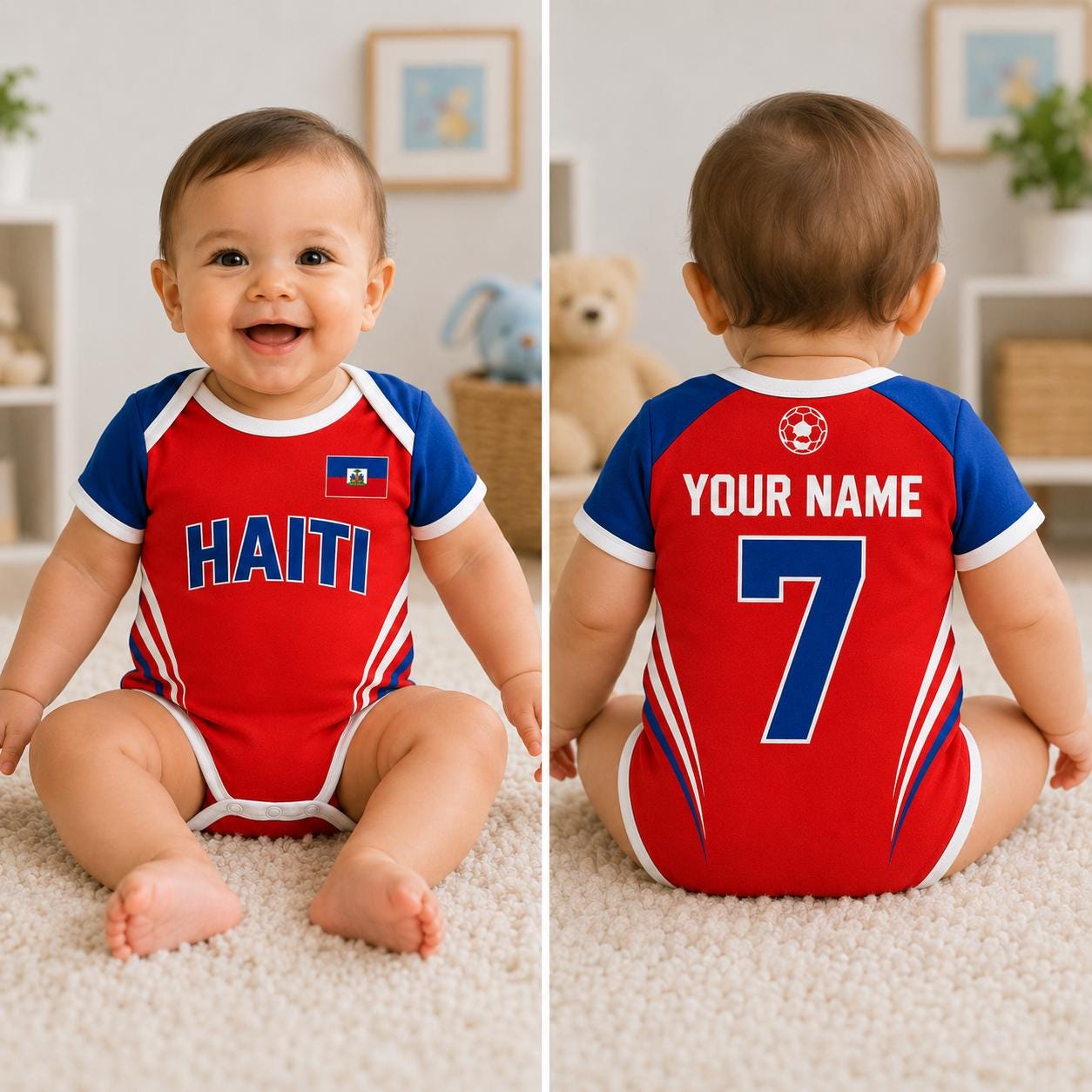 Haiti Baby Soccer Bodysuit, Personalized Haiti Football Jersey, Custom Name Number Outfit, Baby Shower Gift