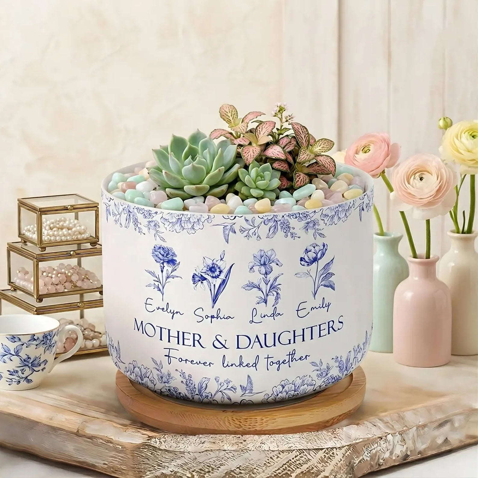 Personalized Mother & Daughters Plant Pot, Forever Linked Together Birth Month Flower Pot