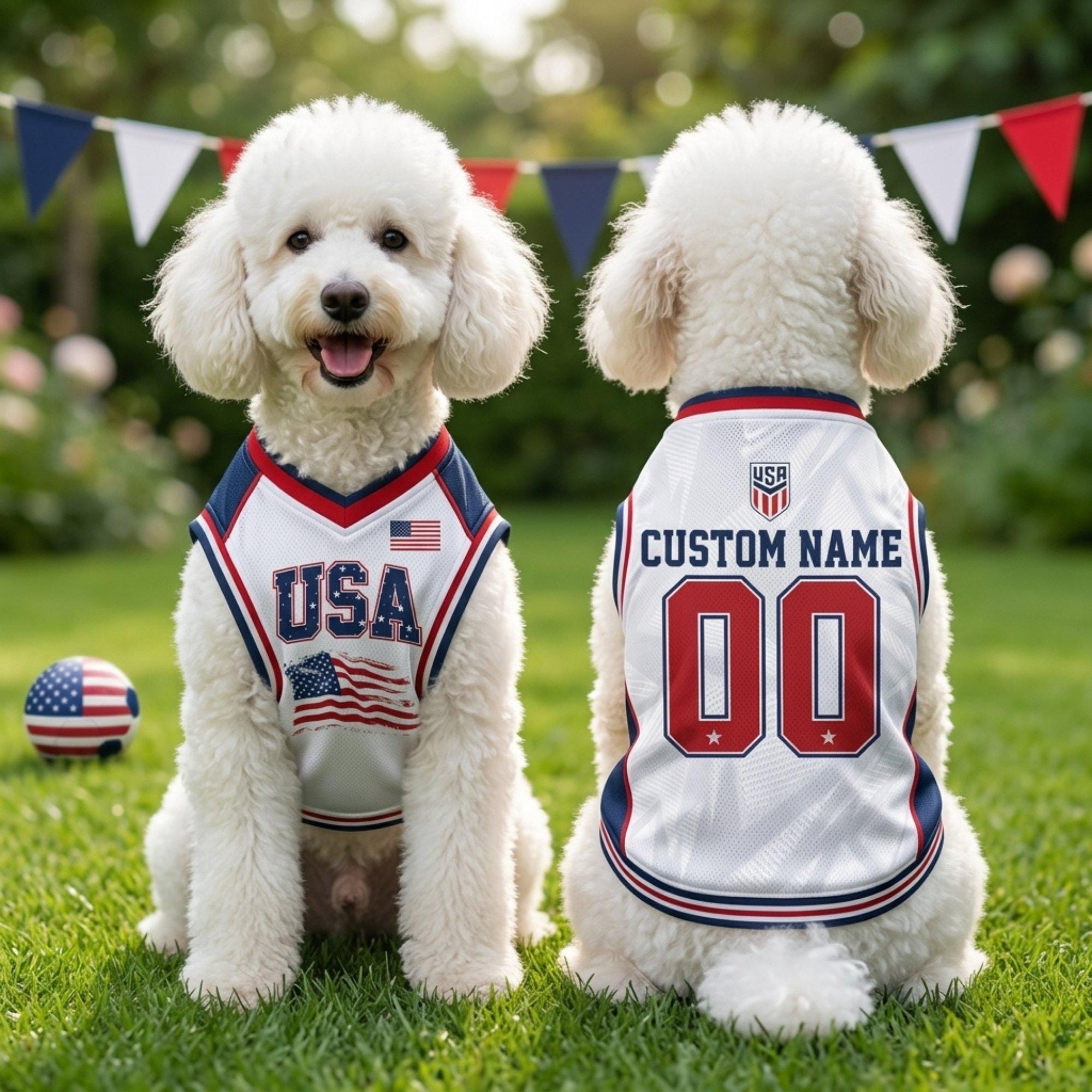 Personalized USA Pet Soccer Jersey, Custom Dog Cat Football Shirt, Stars Stripes Pet Jersey