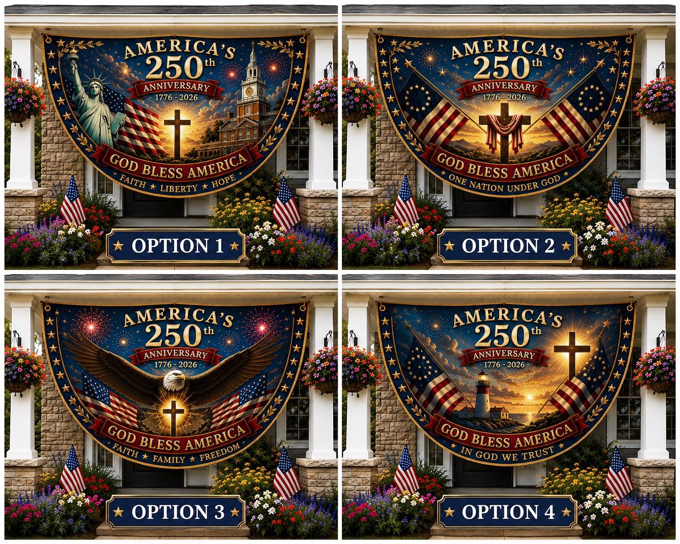 USA 250th Anniversary Patriotic Bunting Banner, America 1776–2026 Semicircle Fence Flag, Christian Freedom Porch Decor