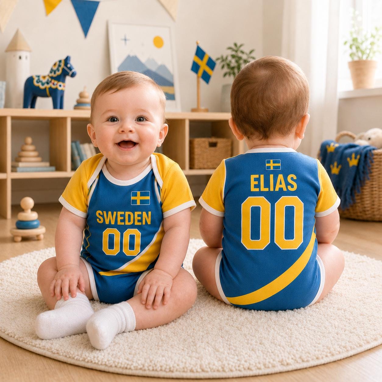 Personalized Sweden Baby Bodysuit, Sweden Soccer Romper, Custom Name Number Outfit, Baby Shower Gift