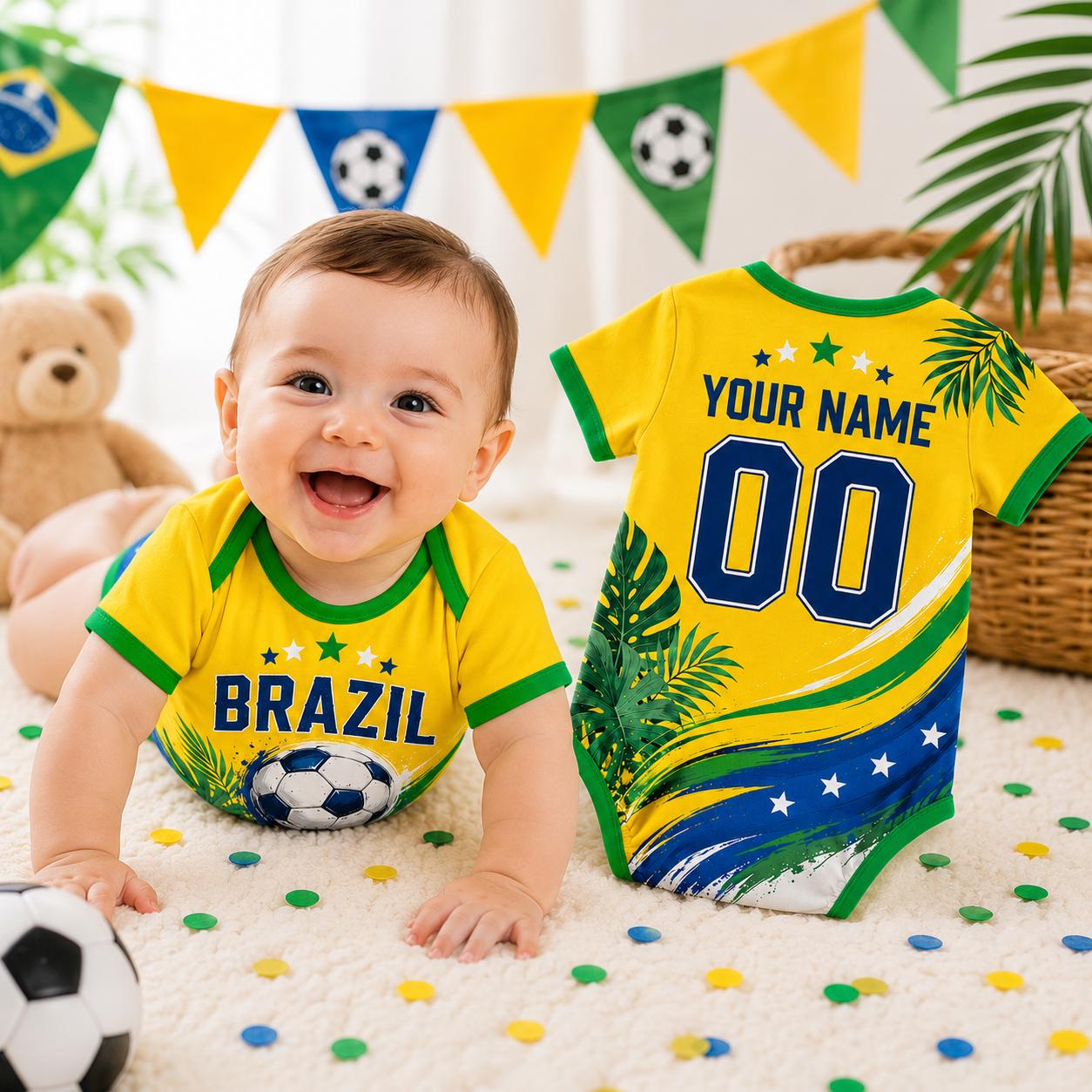 Custom Brazil Baby Soccer Bodysuit, Brazil Football Onesie, World Cup 2026 Baby Gift