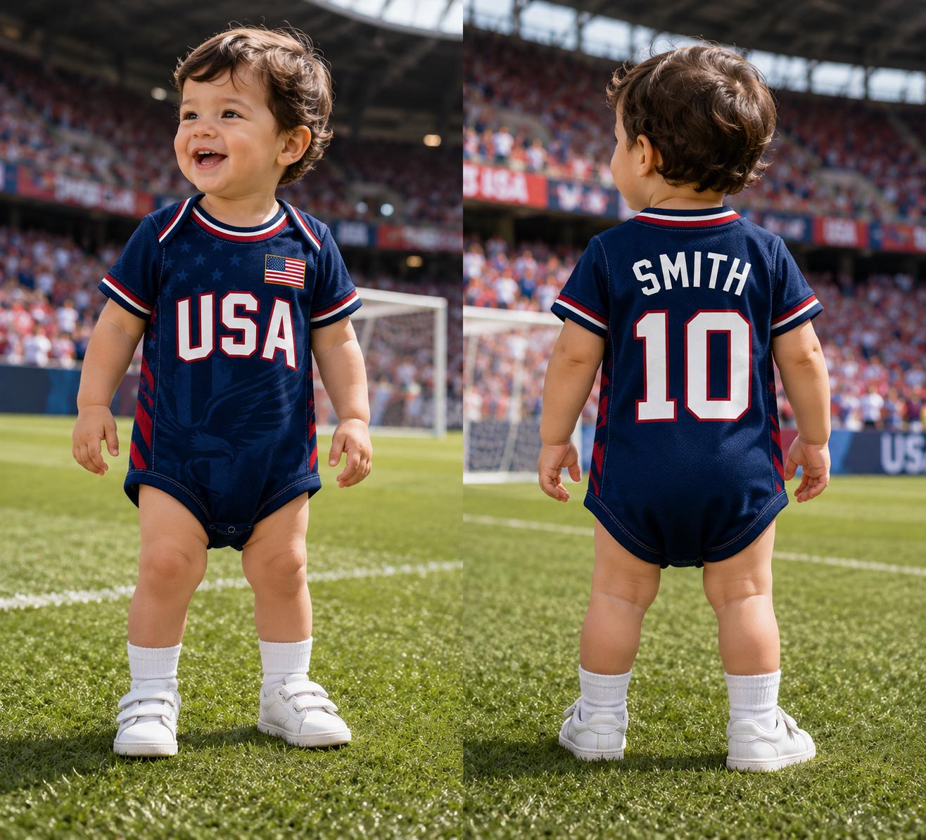 Personalized USA Baby Bodysuit, Custom Name Soccer Baby Outfit, USA Football Fan Gift, American Jersey Onesie