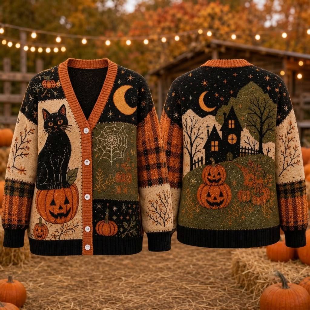 Black Cat Pumpkin Halloween Knit Cardigan, Spiderweb Moon Fall Sweater, Pumpkin Patch Witchy Cardigan, Spooky Cat