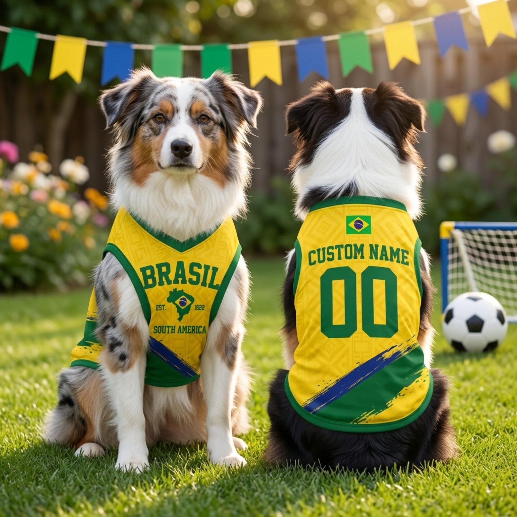 Personalized Brazil Dog Jersey, Custom Cat Football Shirt Name Number, Yellow Green Mesh Pet Soccer