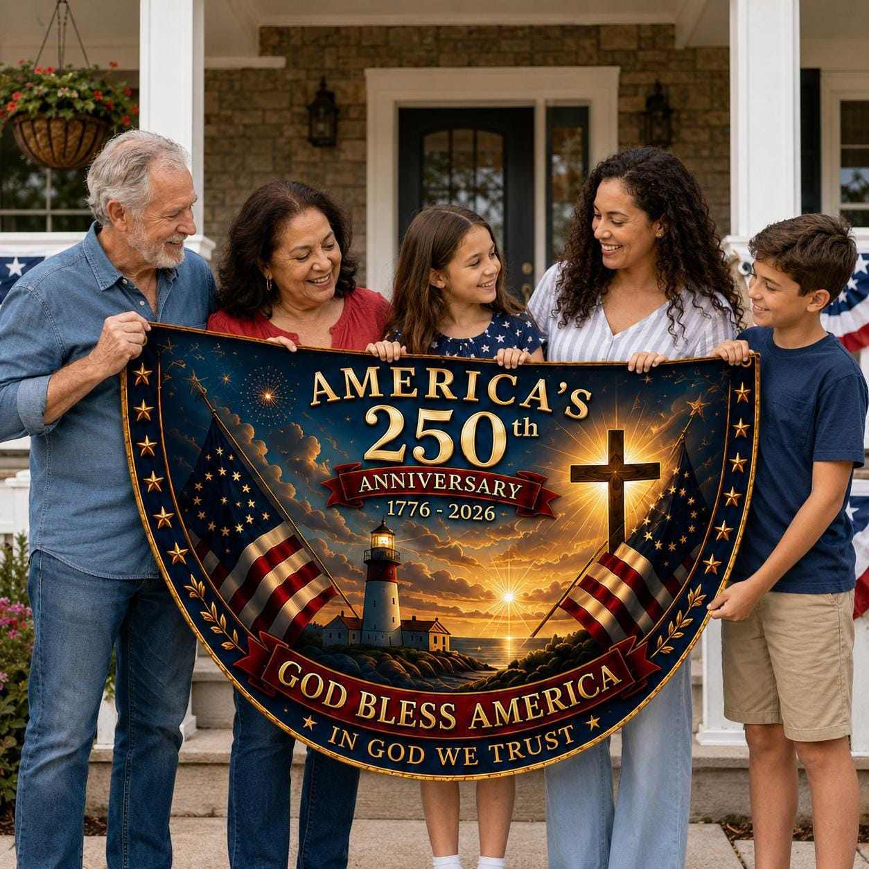 USA 250th Anniversary Patriotic Bunting Banner, America 1776–2026 Semicircle Fence Flag, Christian Freedom Porch Decor
