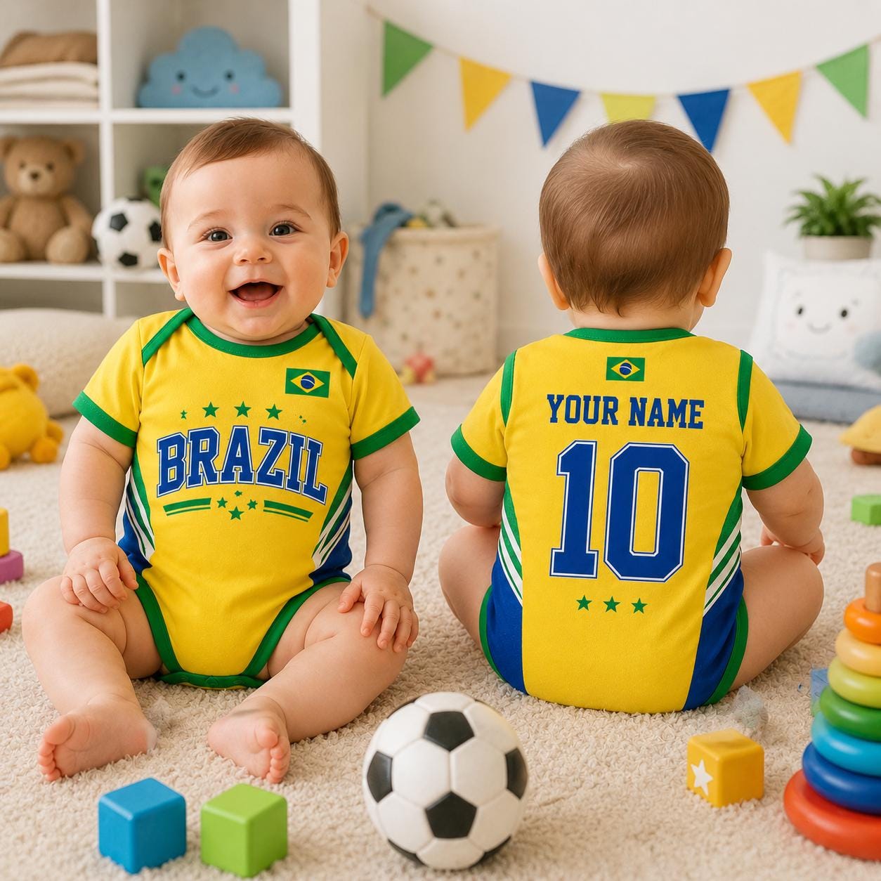 Personalized Brazil Baby Bodysuit, Brazil Soccer Romper, Custom Infant Outfit, Baby Shower Gift