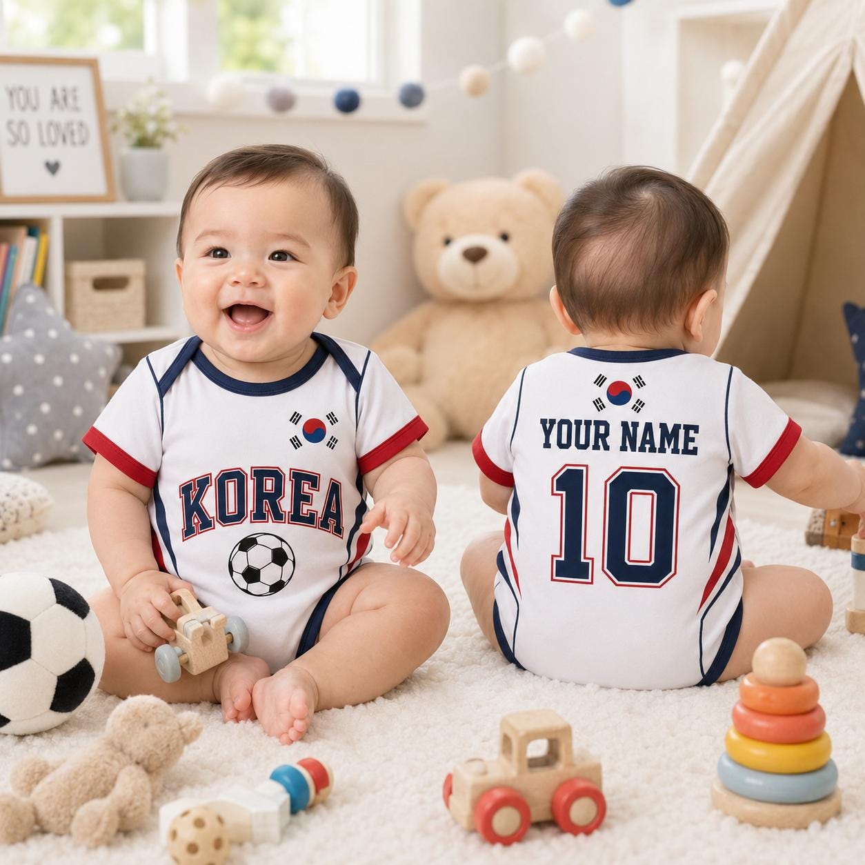 Personalized South Korea Baby Bodysuit, South Korea Soccer Romper, Custom Name Number Infant Outfit,