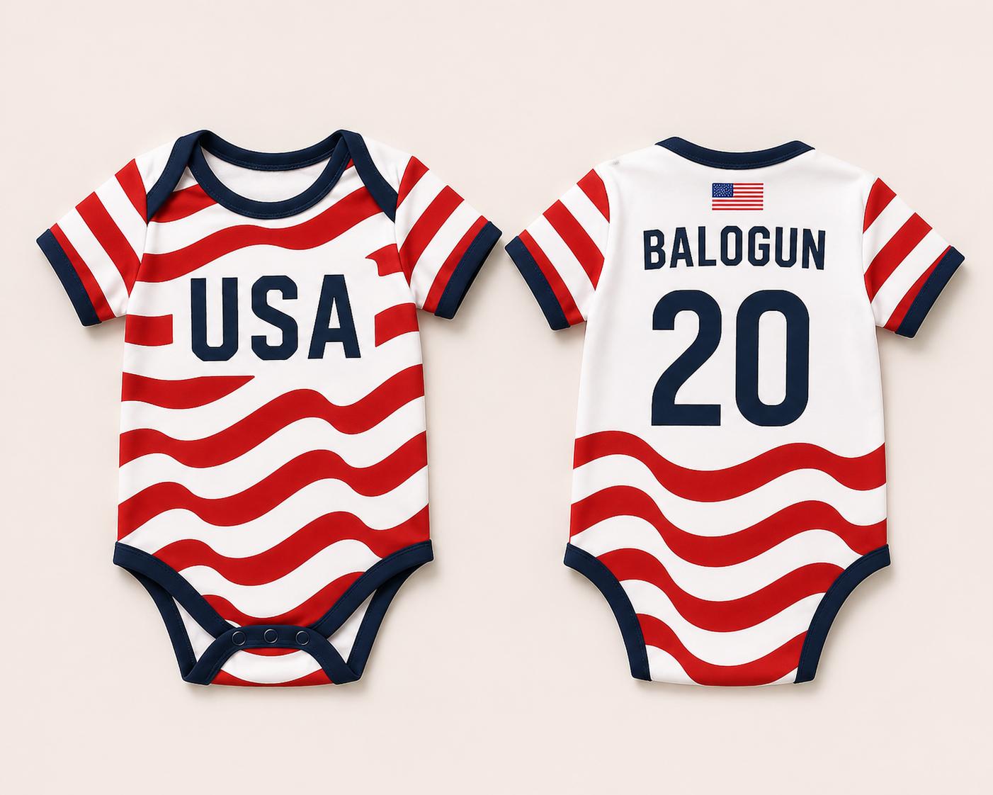 Personalized USA Baby Bodysuit, Custom Name Soccer Baby Outfit, USA Football Fan Gift, American Jersey Onesie